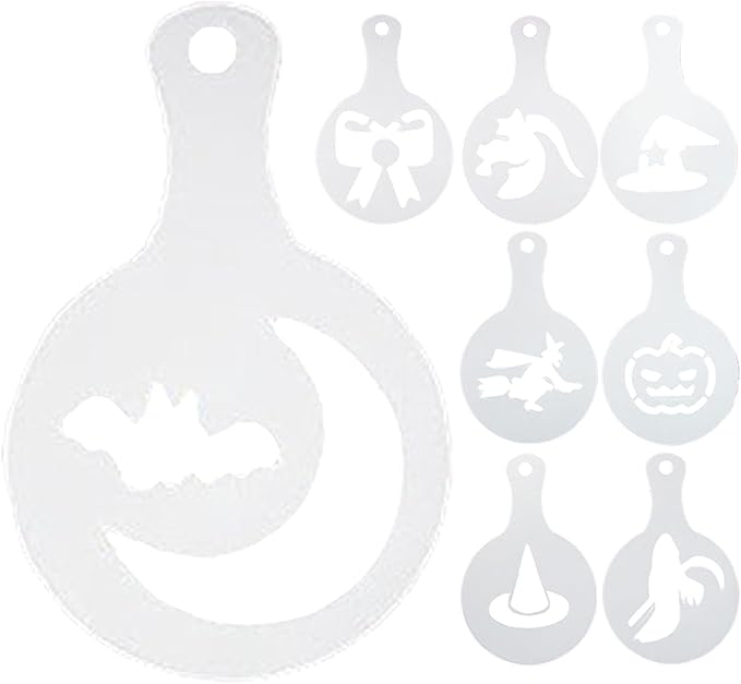 Coffee Stencils - Latte Art Printer, 8 Piece Halloween Design Kit, Reusable Decoration Template, Creative Baking Mold | Tool for Bread, Cake, Cappuccino, Dessert Art, Restaurant or Home
