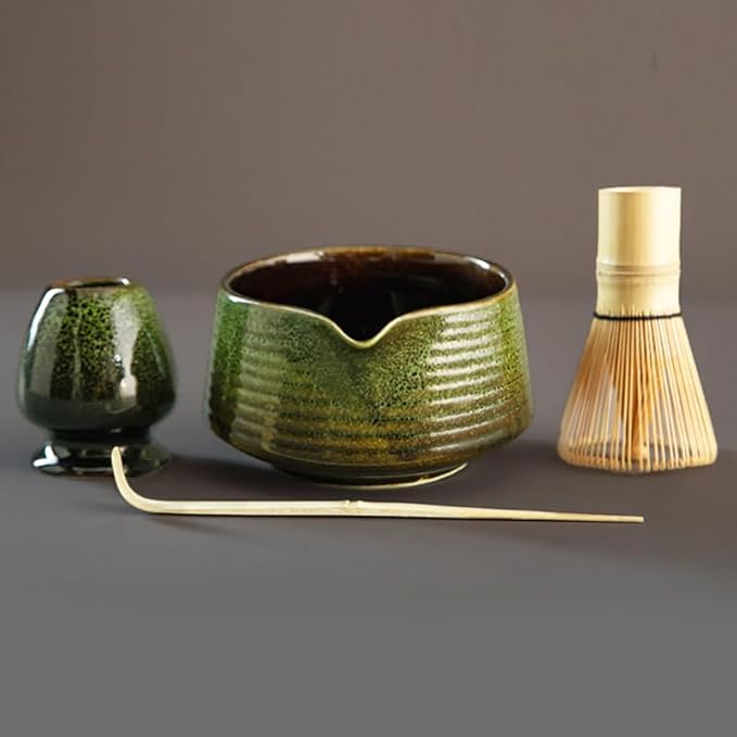 Traditional Matcha Tea Ceremony Tools, 4 Pcs Bamboo Matcha Whisk Set and Matcha Bowl with Spout and Whisk for Ceremony, Gift-Ready Presentation