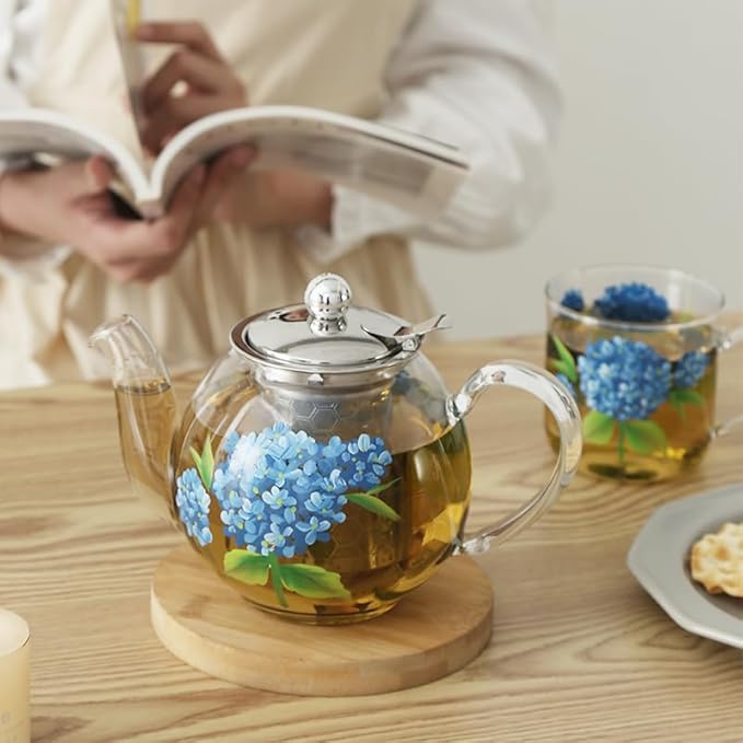 12oz/350ml Hand Painted Glass Cups With Handle,Clear Glass Coffee Cups,Coffee Glasses For Hot Beverages,Clear Mugs (Hydrangea)