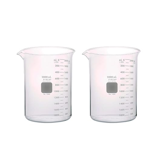 PYREX Griffin Borosilicate Glass Beaker - Low Form Graduated Measuring Beaker with Spout – Premium Scientific Glassware for Laboratories, Classrooms or Home Use - PYREX Chemistry Glassware, 2L, 2/Pk by Pyrex