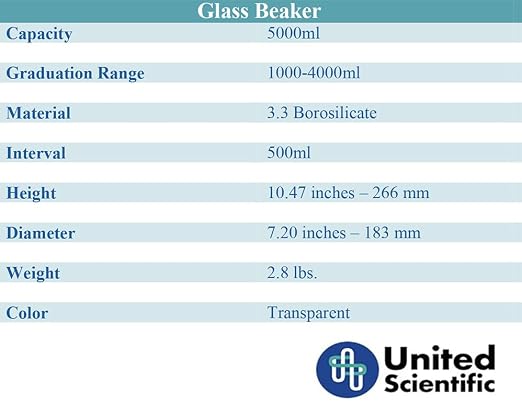 United Scientific™ Borosilicate Glass Beaker, 5000ml, Autoclavable, 1 Each | Large Glass Beaker, Chemistry Glassware for Research & Educators, Low Form Griffin Design, Molded Pour Spout, Autoclavable - Image 8