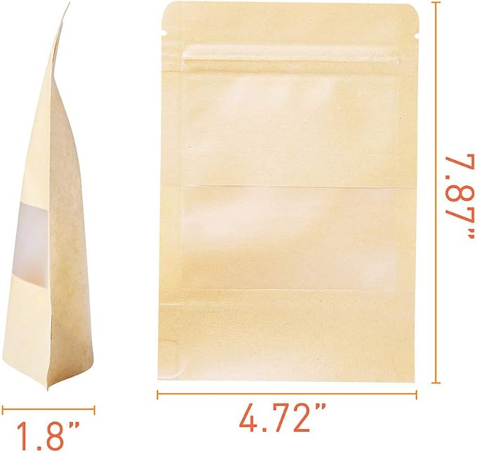 Kraft Stand Up Pouches bags 100 Pcs,Brown Resealable with Window for Home or Business,Coffee Bags,Food Storage Bags,Sealable Bags for Packaging(4.7×7.9) - Image 2