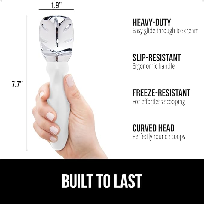 GORILLA GRIP BPA-Free Heavy Duty Ice Cream Scoop, Comfortable Ergonomic Handle, Professional Grade Scooper for Perfect Round Scoops, Spoon Frozen Hard Gelato, Sorbet, Cookie Dough, Kitchen Tool, White