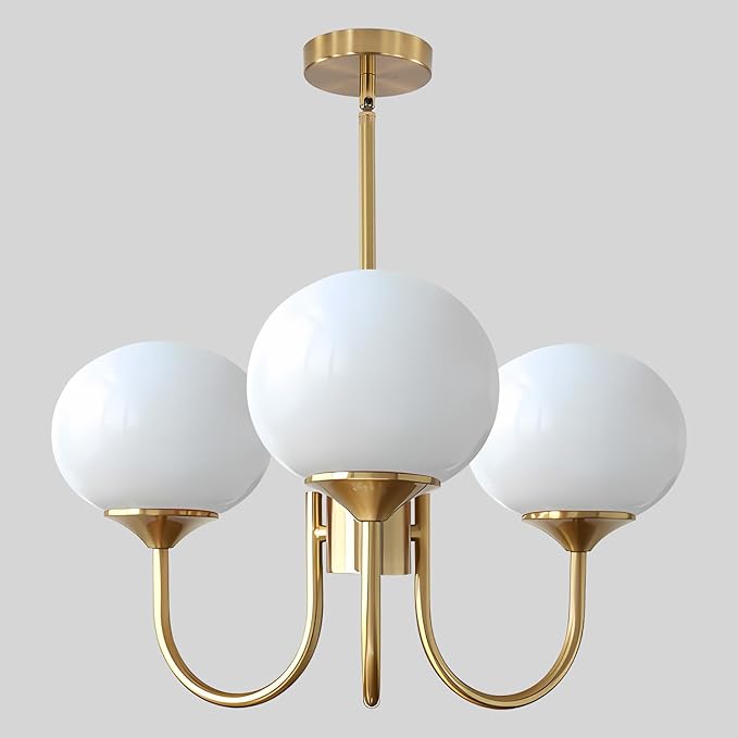 3 Light Vintage Gold Chandelier Milk Glass Globe Chandeliers Brass Sputnik Ceiling Light Fixture Mid Century Modern Pendant Light Dining Room Kitchen by FlyRose