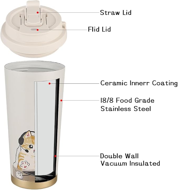 Funkrin Coffee Travel Mug with Flip Lid, 16oz Insulated Tumbler Cup with Ceramic Coating, Double Wall Vacuum Leak-Proof Tumbler for Office School Party Camping - Image 7