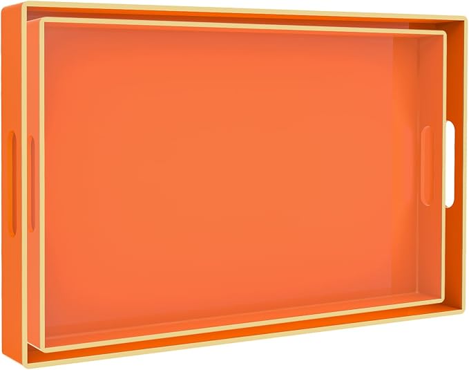 MAONAME Orange Serving Tray with Handles, Plastic Decorative Tray Set of 2 | Decorative Tray for Coffee Table, Modern Ottoman Tray, Rectangle Melamine Tray for Living Room, 15.8"L x 10.2"W x 1.4"H by MAONAME