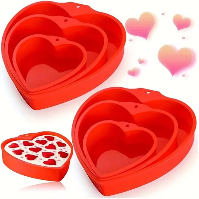 3 PCS Silicone Heart Shaped Cake Pans 4 6 8 Inch Nonstick Silicone Heart Baking Mold Reusable Food Grade Mold for Baking Brownie Valentine Mother Wedding Birthday Day(Red)