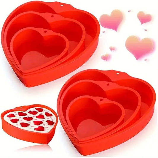 3 PCS Silicone Heart Shaped Cake Pans 4 6 8 Inch Nonstick Silicone Heart Baking Mold Reusable Food Grade Mold for Baking Brownie Valentine Mother Wedding Birthday Day(Red)
