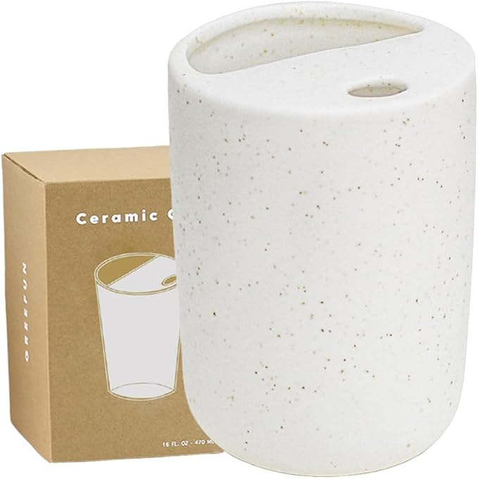 Handmade Ceramic Travel Coffee To Go Tumbler with Half Lid, 17oz Unique Tea Coffee Cup with Sip-top Lid, Speckle White by Greefun