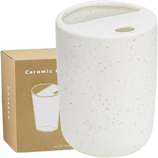 Handmade Ceramic Travel Coffee To Go Tumbler with Half Lid, 17oz Unique Tea Coffee Cup with Sip-top Lid, Speckle White by Greefun