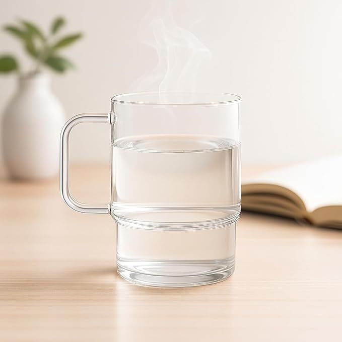 Aquach 18oz Stackable Glass Mugs with Handle, Set of 2 - Large Clear Coffee Cups for Latte, Cappuccino, Mocha, Americano, and Tea