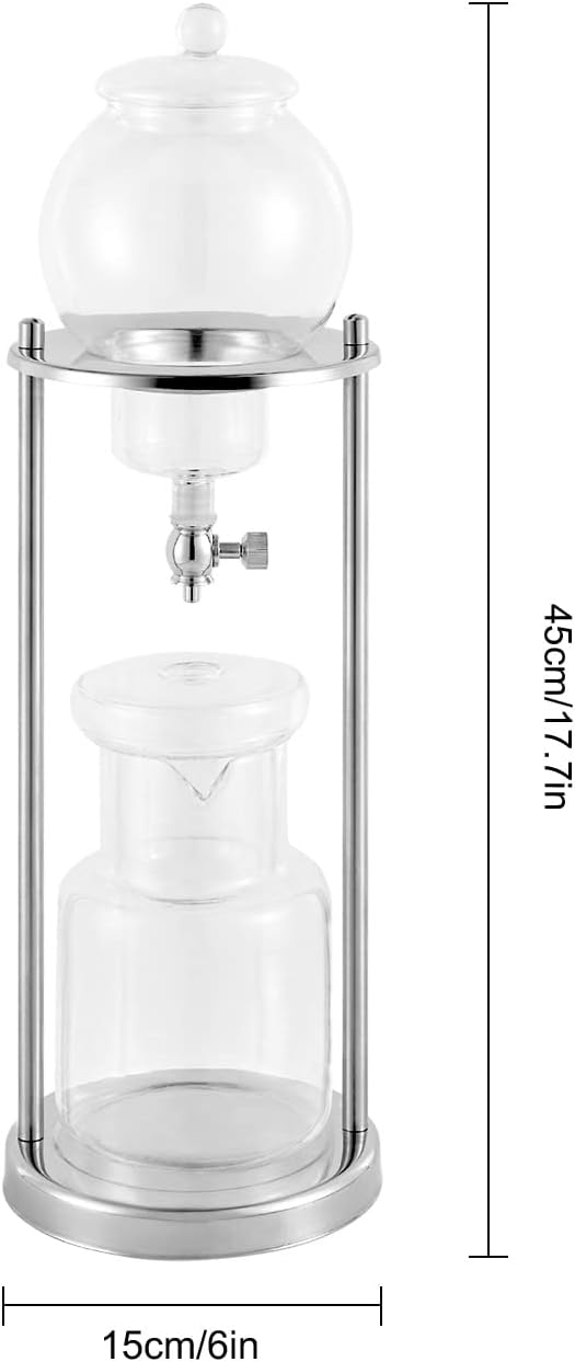 Metal Cold Brew Drip Tower, Clear+Silver Ice Cold Drip Tower 6-8 Cups 600ml -20-150°C Temperature Range With Slow Drip TechnologyIBamboo Straight Frame for Home Office Drip Coffee Maker