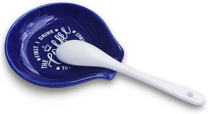 Littlefa Coffee Spoon Rest Holder-Coffee Bar Accessories-Navy Blue | Funny Ceramic Coffee Spoon Rest for Coffee Bar Accessories Essentials, But First I Drink Sign Coffee Lovers Gifts - Image 4