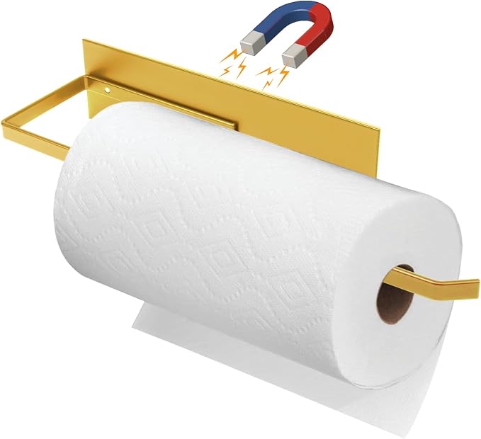 Gold Paper Towel Holder, Magnetic Paper Towel Holder for Fridge, Toilet Paper Roll Holder Magnet Towel Rack Wall Mount Fridge Organizer for Paper Towels Rolls Bathroom Pantry RV Kitchen Storage Golden by SeropyDirect