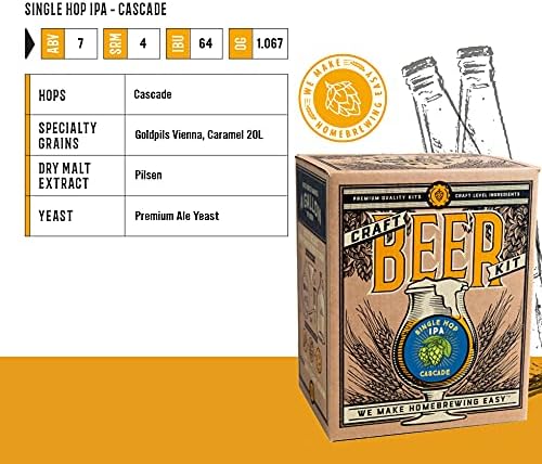 Craft A Brew - Single Hop IPA (Cascade) - Beer Making Kit - Make Your Own Craft Beer - Complete Equipment and Supplies - Starter Home Brewing Kit - 1 Gallon