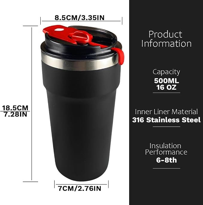 SPLMIFA Travel Coffee Mugs Leak-Proof, Reusable Coffee Cups with Lids, Stainless Steel Vacuum Insulated Coffee Tumblers, Thermal Insulation Cups for Men and Women Hot & Cold Drinks(4th-Black, 16OZ) - Image 4