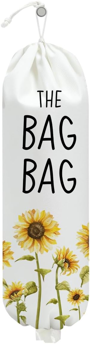 Sunflower Plastic Bag Holder, Wall Mount Grocery Bag Holder for Plastic Bags | Pull Rope Free Adjustment, Sunflower Reusable Shopping Bags Storage Dispenser for Home Kitchen Pantry, 22.5x9 Inch by Unknown