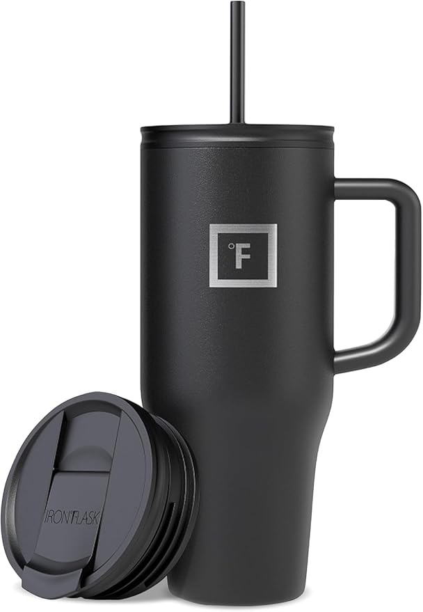 IRON °FLASK 32 oz Co-Pilot Insulated Travel Mug | Insulated Travel Mug with Straw & Flip Cap Lids - Cup Holder Fit, Leakproof, BPA Free (Midnight Black) by IronFlask