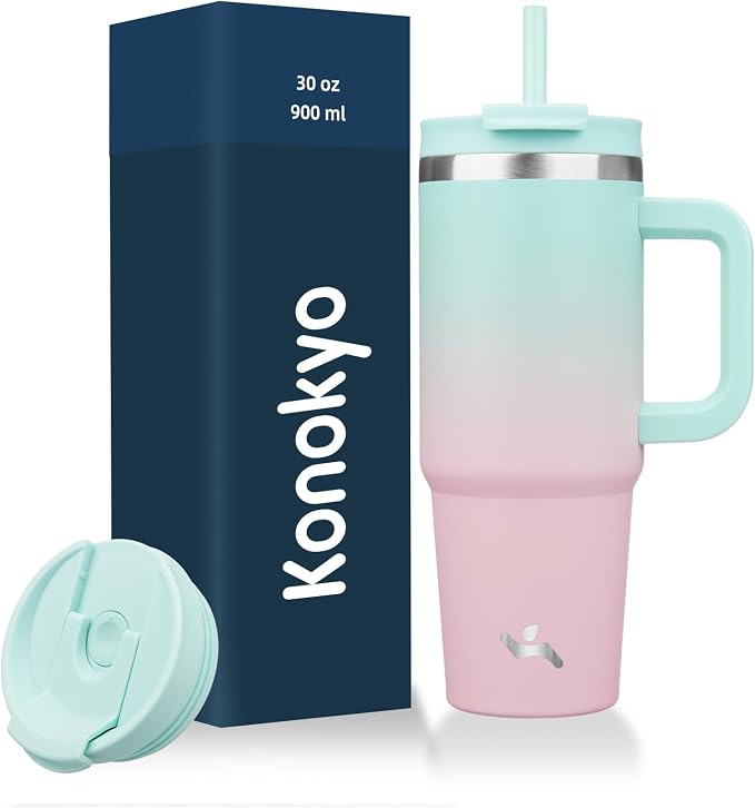 Konokyo 30 oz Insulated Tumbler Water Bottle with Handle, Straw Lid | BPA-free and dishwasher safe; made for gym, travel, coffee and gifting, 2 straws, cup holder friendly,Gum by Konokyo