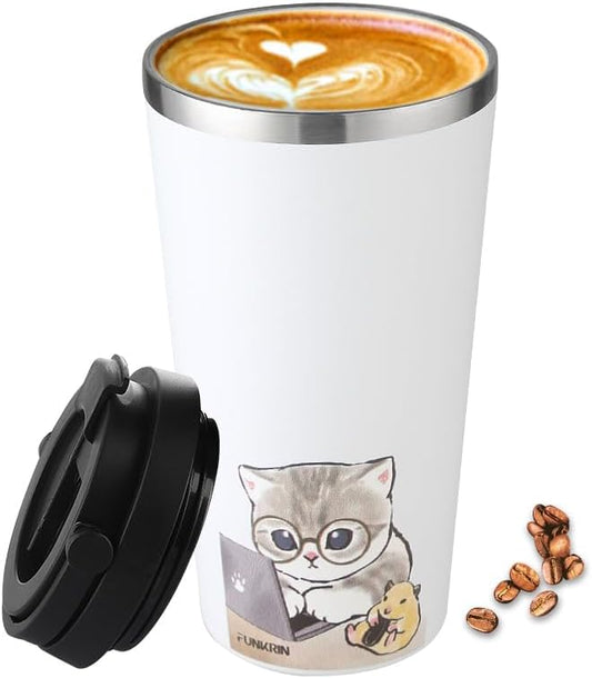 Funkrin Insulated Coffee Mug with Ceramic Coating, 16oz Iced Coffee Tumbler Cup with Flip Lid and Handle, Double Wall Vacuum Leak-Proof Travel Mug for Office School Party Camping by Funkrin