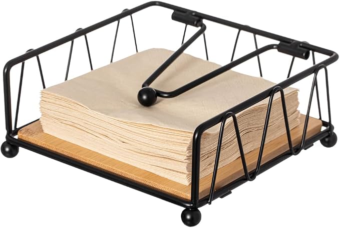 Flat Metal Square Napkin Holder with Weighted Arm and a Wooden Tray Perfect for Adorning Dining Table, Kitchen Countertop and Napkin Holder for Bathroom also Good for Outdoor Table at Restaurant by Basicwise