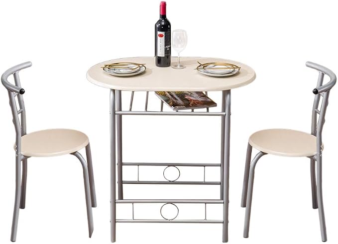 VINGLI 3 Piece Dining Set, Small Kitchen Table Set for 2, Breakfast Table Set, Kitchen Wooden Table with 2 Chairs for Small Space/Dining Room/Apartment, Metal Frame, Wine Rack, Beige by VINGLI