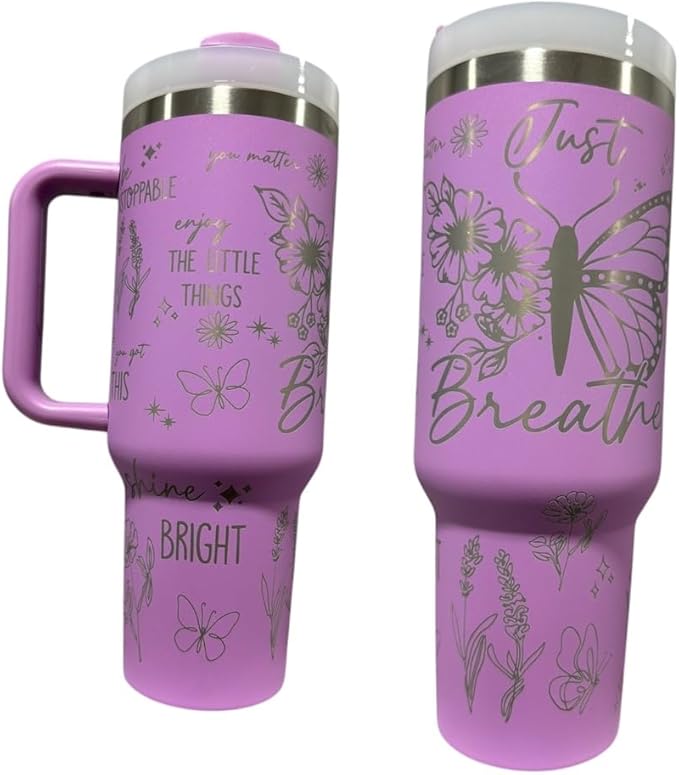 Tumbler, 40oz Tumbler, Western Tumbler, Engraved Cup with Handle, Cute Coffee Mug, 40oz Coffee Mug (Purple(5)-Just breath(C11))