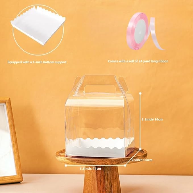 10Pcs Clear Cake Boxes with 10 Stickers and 1 Roll Ribbon Transparent Cake Carriers Plastic Cupcake Candy Food Storage Box for Home Wedding Birthday Party Favors Decor,5.5"X5.5" - Image 3