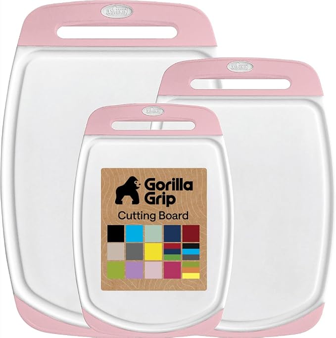 GORILLA GRIP BPA-Free Reversible Kitchen Cutting Board Set of 3, US Designed, Nonporous, Juice Grooves Catch Liquid, Slip Resistant Border, Dishwasher Safe, Durable Large Food Chopping Boards, Pink by Unknown