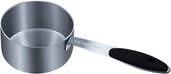 1PCS 1/2Cup (118ml, 4oz) Single Measuring Cup with Black Silicone Grip, Stainless Steel Individual Measure Scoop Only