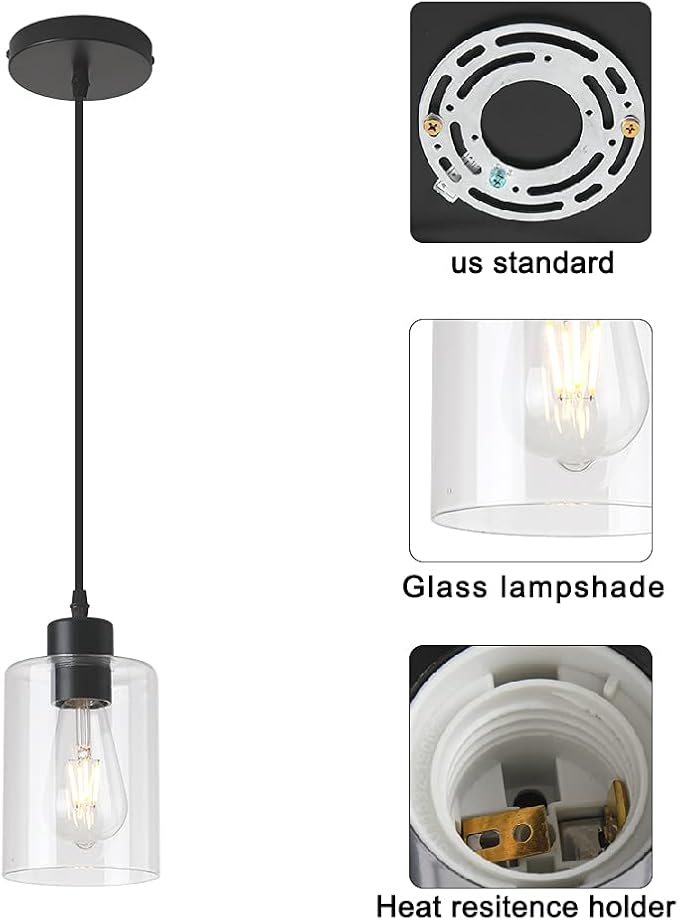 Modern Black Farmhouse Clear Glass Cylinder Pendant Light Fixture,Island Lights for Kitchen,Mini Pendant Lighting for Kitchen Island Decor - 4.75 Inch Shade, 2-58 Inch Cord(1 Pack) - Image 3