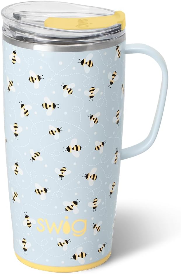 Swig Life 22oz Insulated Travel Mug with Handle & Lid, Busy Bee | Triple Insulated Stainless Steel - Handle & Lid Included - Keeps Coffee Hot or Cold - Cup Holder Friendly by SwigLife