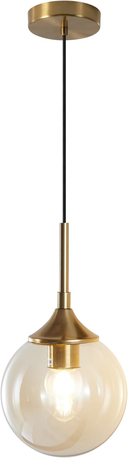 KCO Lighting Mid Century Modern Gold 7.1” Amber Glass Globe Pendant Light | Adjustable E26 Hanging Lamp for Sloped Ceilings, Small Single Ceiling Light for Kitchen Island Bedroom Dining Room Bathroom by KCOLighting