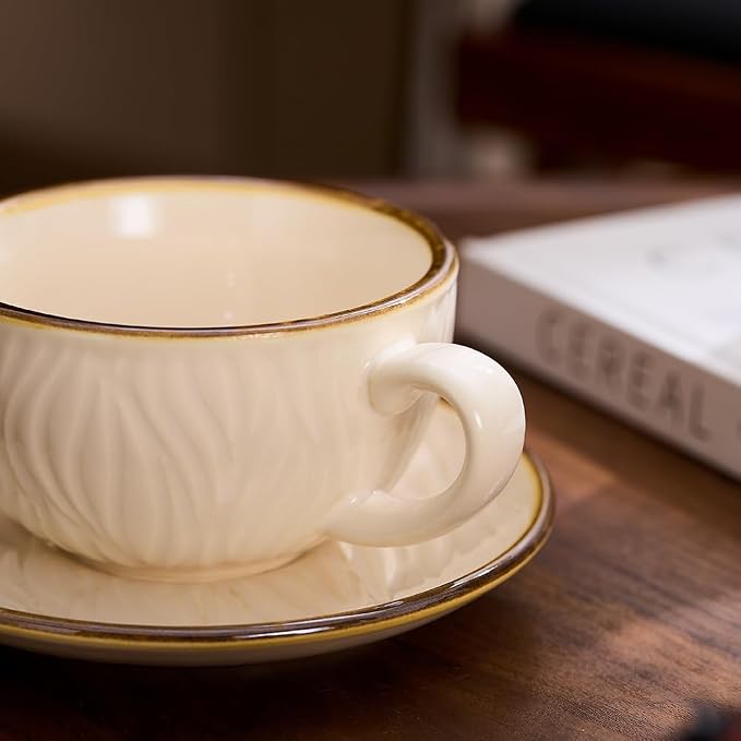 Coffeezone Vintage Design 12 oz Ceramic Latte Art Cappuccino Barista Cup with Saucer (Wave Beige) - Image 3