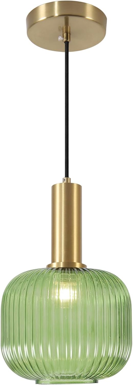 KCO Small Brushed Brass Gold 7.9” Vintage Green Ribbed Glass Pendant Light | E26 Base, Mid Century Modern Adjustable Hanging Light Fixture for Sloped Ceiling Kitchen Island Sink Bedroom Dining Hallway by KCOLighting
