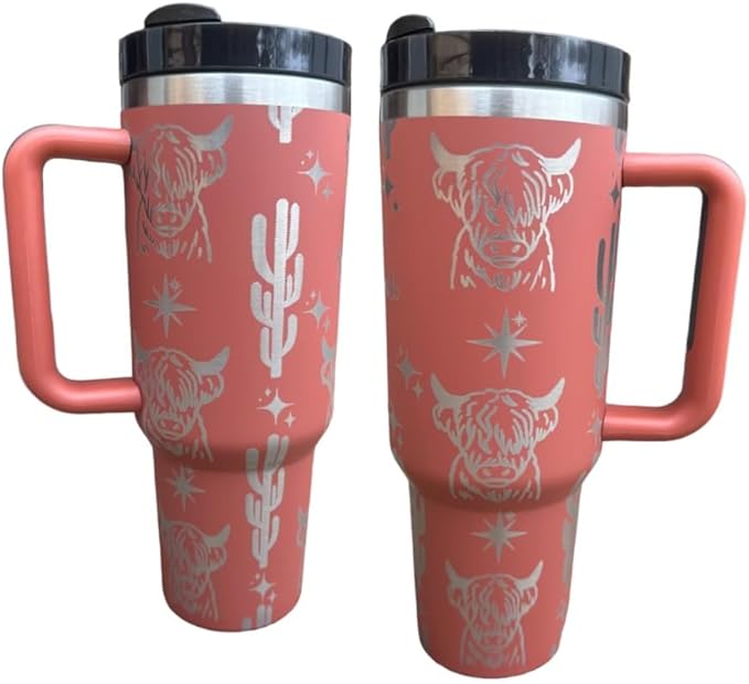 Western Engraved 40oz Tumbler, Tumbler with handle, Cowgirl Tumbler, Country Mug with Handle (Rust-Highland cow(R))