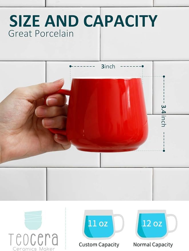 Teocera Ceramic Coffee Mug Set of 4-12 oz Coffee Mugs with Large Handles for Hot or Cold Drinks Like Latte, Cocoa, Tea or Juice - Smooth Ceramic, Dishwasher Safe, Red - Image 2