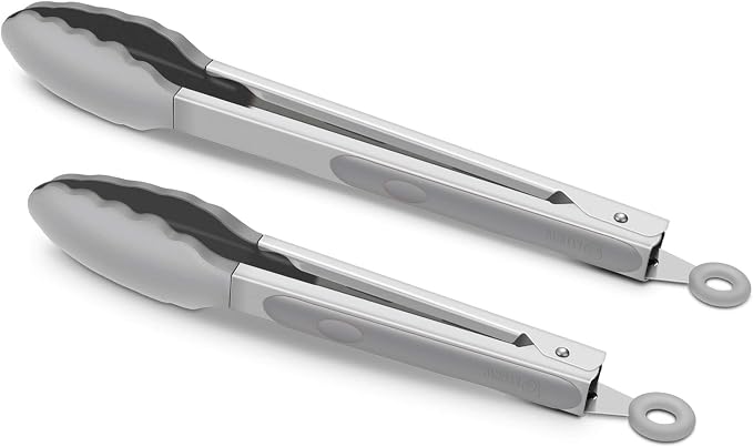 2 Pack Silicone Kitchen Tongs, 9 & 12 Inch, Stainless Steel, Grey | Heat Resistant to 500°F with BPA-free Silicone Tips, Locking Clip and Nonslip Handles for Nonstick Cookware and Grilling by ALLWIN-HOUSEWARE
