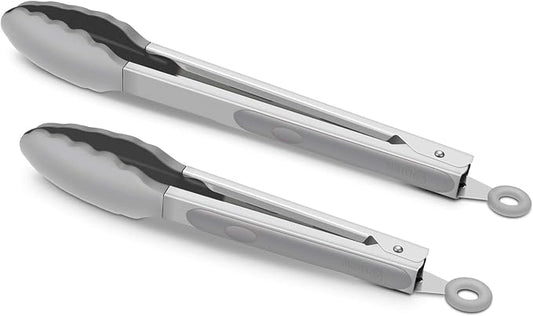 2 Pack Silicone Kitchen Tongs, 9 & 12 Inch, Stainless Steel, Grey | Heat Resistant to 500°F with BPA-free Silicone Tips, Locking Clip and Nonslip Handles for Nonstick Cookware and Grilling by ALLWIN-HOUSEWARE