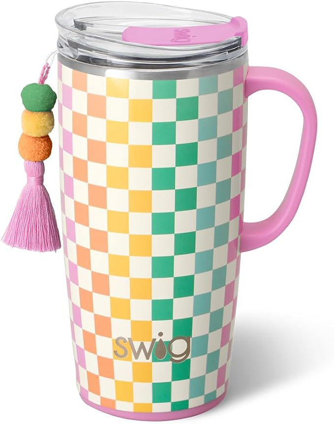 Swig Life 22oz Insulated Travel Mug with Handle & Lid, Check Mate | Triple Insulated Stainless Steel - Handle & Lid Included - Keeps Coffee Hot or Cold - Cup Holder Friendly by SwigLife