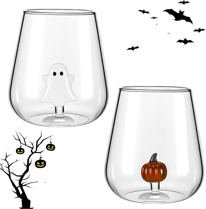 Halloween Wine Glasses, Ghost and Pumpkin Stemless Wine Glasses | Clear Spooky Drinking Cups for Dinner Party Birthday Holiday, Cute Fun Fashioned Decorated Unique Glassware Gift by Unknown