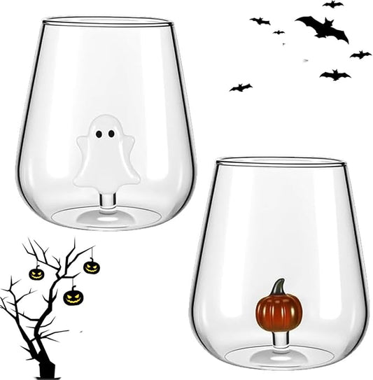 Halloween Wine Glasses, Ghost and Pumpkin Stemless Wine Glasses | Clear Spooky Drinking Cups for Dinner Party Birthday Holiday, Cute Fun Fashioned Decorated Unique Glassware Gift by Unknown