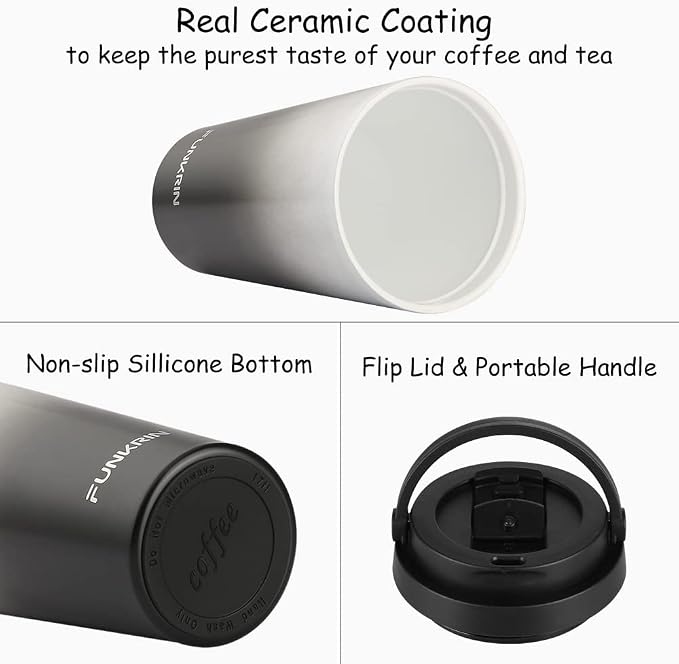 Funkrin Insulated Coffee Mug with Ceramic Coating, 16oz Iced Coffee Tumbler Cup with Flip Lid and Handle, Double Wall Vacuum Leak-Proof Travel Mug for Office School Party Camping - Image 2