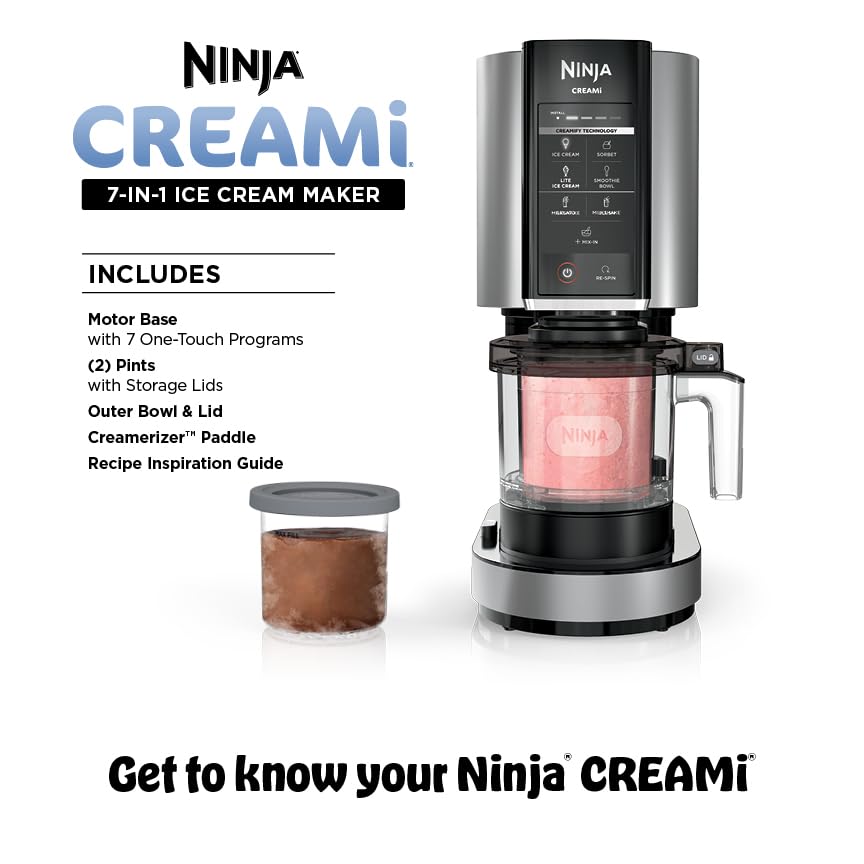 Compact Ice Cream Maker 7 Programs with 2 Pint Containers for Gelato Sorbet Milkshake Smoothie Bowls Silver