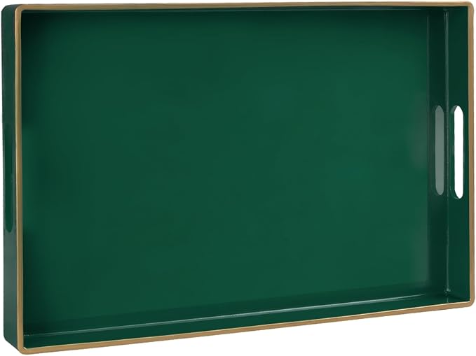 MAONAME Dark Green Decorative Tray for Ottoman, Serving Tray with Handles | Plastic Coffee Table Tray, Modern Melamine Tray, Rectangle Countertop Organizer Tray for Living Room, 15.8"L x 10.2"W x 1.4"H by MAONAME