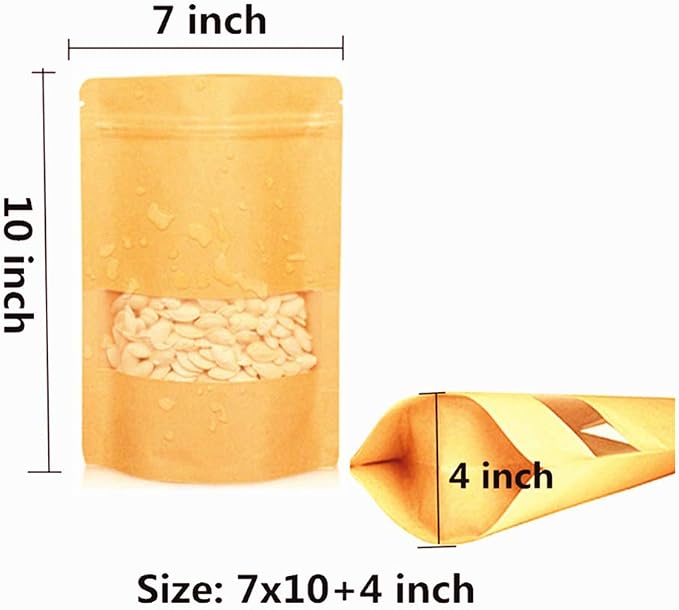 Kraft Paper Bags With Frosted Window And Zip Lock Decorative Heavy Duty Heat Seal Recycled Resealable Mylar Stand Up Pouches Bags Sealable For DIY Food Snack Cookies Candy Coffee Popcorn (7x10+4inch) - Image 3