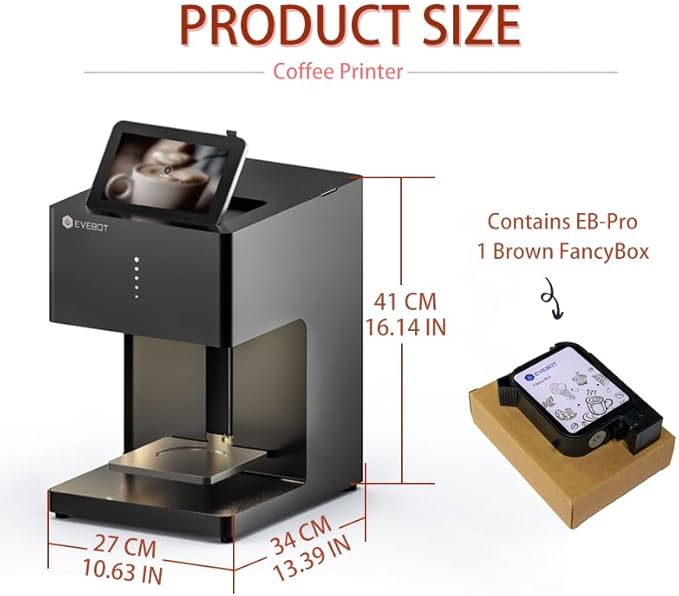 EVEBOT Coffee Latte Art Machine EB-Pro Customized Photo, Text, LOGO Printing Cake Desserts DIY Personalized Decoration for Cafes Bars Museums, Brown FancyBox - Black