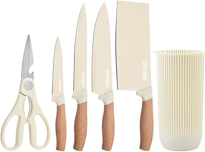 Knife Set, Wiztoynia 6-Piece Beige Kitchen Knife Set for Home, Anti-Rust Non-stick Stainless Steel Sharp Chef Knife Set with Universal Knife Block for Kitchen, Ergonomical Design (Beige) - Image 8