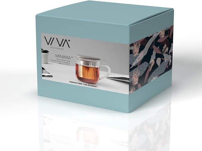 VIVA Minima Eva Glass Tea Cup with Mesh Infuser - Coffee Mug With Porcelain Lid/Saucer - 14 oz / 400 ml, Wool
