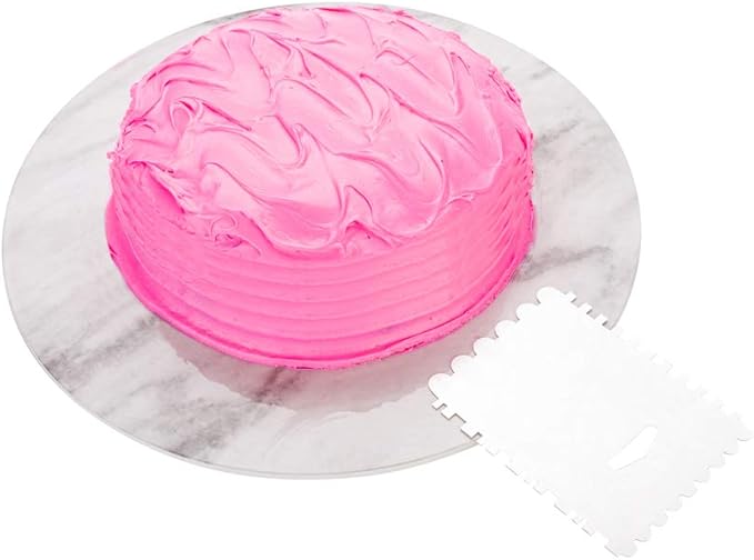 Restaurantware Pastry Tek 4.9 Inch x 3.8 Inch Cake Scraper 1 4-Pattern Cake Smoother - Square Edges Scalloped Edges Metal Icing Smoother Hanging Hole For Decorating Or Sculpting Desserts